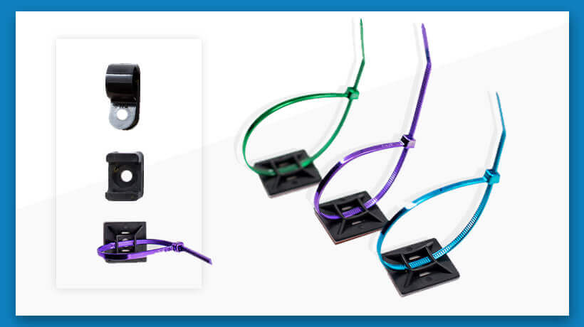 Cable management clips in black with green, purple, and blue cord organizers displayed.