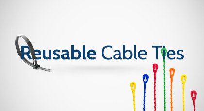 Reusable cable ties logo with colorful velcro straps displayed below text.