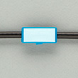 A blue rectangular label or tag attached to a dark horizontal wire or cable.