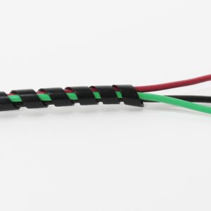 Black spiral cable wrap with green and red wires partially unwrapped.