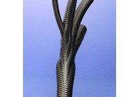 Three black coiled electrical cords twisted together against a blue background.