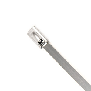 Stainless steel cable tie with locking mechanism.