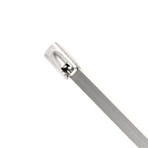 Stainless steel cable tie with locking mechanism on white background.