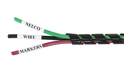 A green, black, and red wire inside a harness with each wire containing a custom label