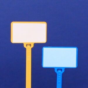 Two blank signs with rounded corners on wooden poles against a blue background.