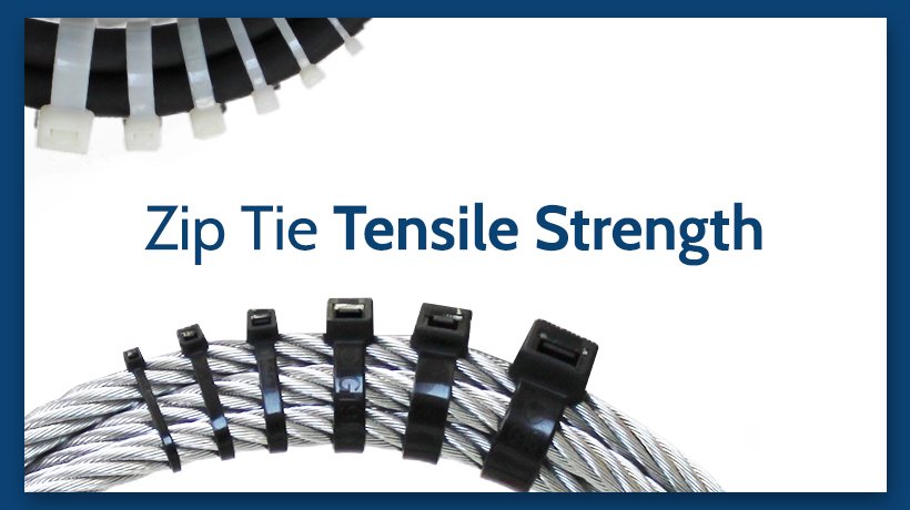 Black zip ties of varying sizes arranged on a steel cable demonstrating tensile strength.