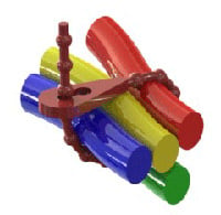 Colorful toy train engine with red, blue, yellow, and green plastic components.