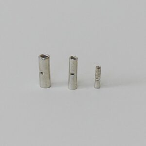 Three silver metal cylindrical connectors of decreasing sizes arranged in a row.