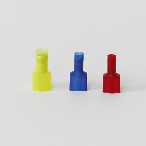 Three wire connectors in yellow, blue, and red arranged in a row on a white surface.