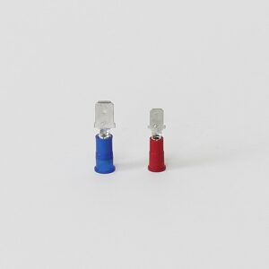 Two insulated wire connectors, one blue and one red, on a white background.