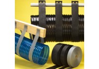 Industrial electrical connectors and cable components arranged against a yellow background.