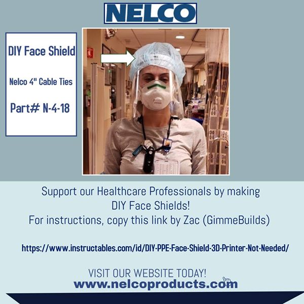 NELCO DIY Face Shield instructional poster featuring a person wearing a protective face shield.