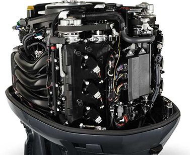 Black outboard boat engine with internal components visible from above.