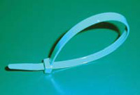 A blue cable tie against a teal background.