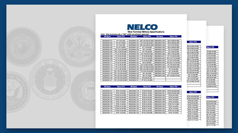 NELCO wire terminal military specifications chart with detailed product data tables.