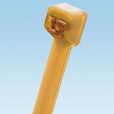 A tan cable tie against a blue sky background.