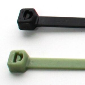 Two cable ties, one black and one green, shown side by side.