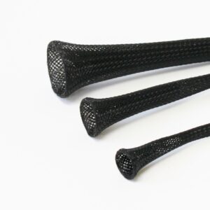 Three black expandable mesh cable sleeves in decreasing sizes arranged diagonally.