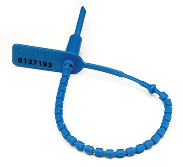 Blue plastic security seal with numbered tag and adjustable loop closure.