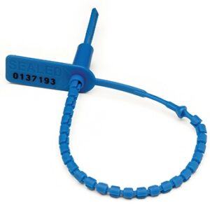 Blue plastic security seal with numbered tag and adjustable loop closure.