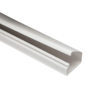 White PVC cable tray or duct with internal divider running lengthwise.