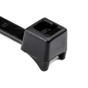 Black cable tie mount with adhesive base and attached nylon strap.