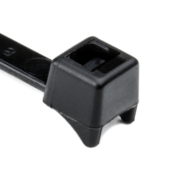 Black cable tie mount with adhesive base and attached nylon strap.