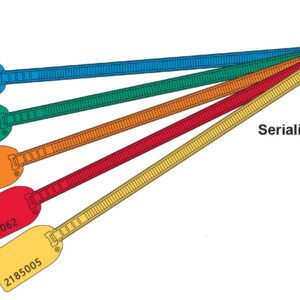 Five colored plastic security seals with unique serial numbers arranged in a fan pattern.