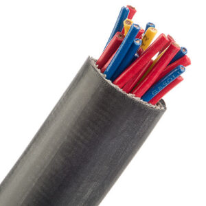 Bundle of electrical wires with red and blue insulation protruding from gray outer sheathing.