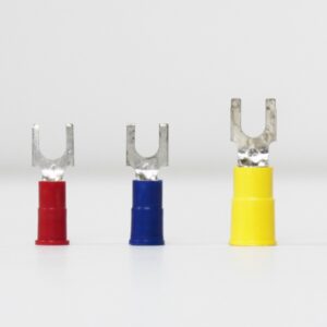 Three insulated fork terminal connectors in red, blue, and yellow arranged in a row.