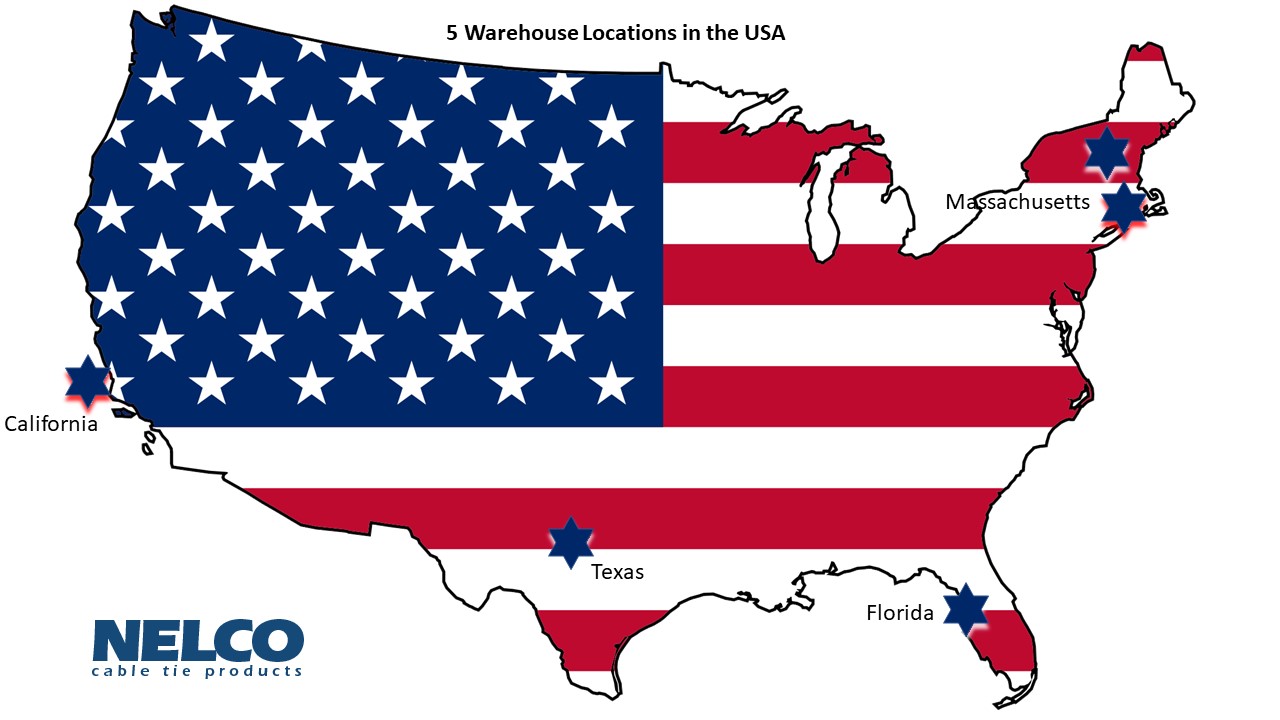 Map of the USA showing 5 NELCO warehouse locations in California, Massachusetts, Texas, and Florida.