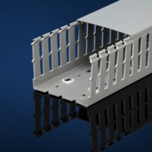 White and black cable management trays with vertical slots against a blue background.