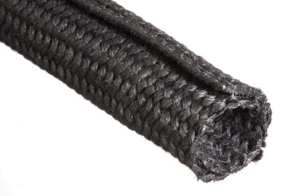 Black braided nylon hose or tubing coiled diagonally against a white background.